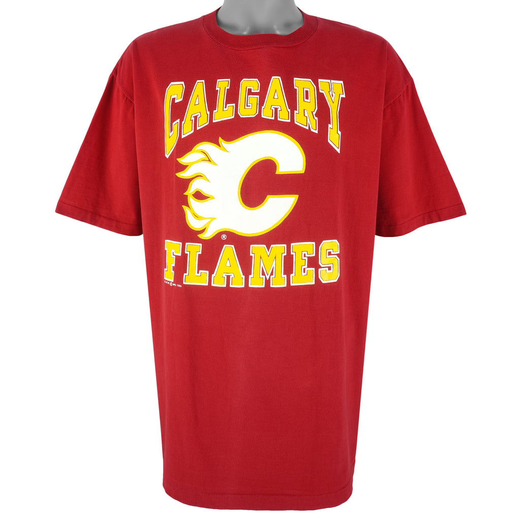 NHL (Waves) - Calgary Flames Single Stitch T-Shirt 1989 X-Large Vintage Retro Hockey