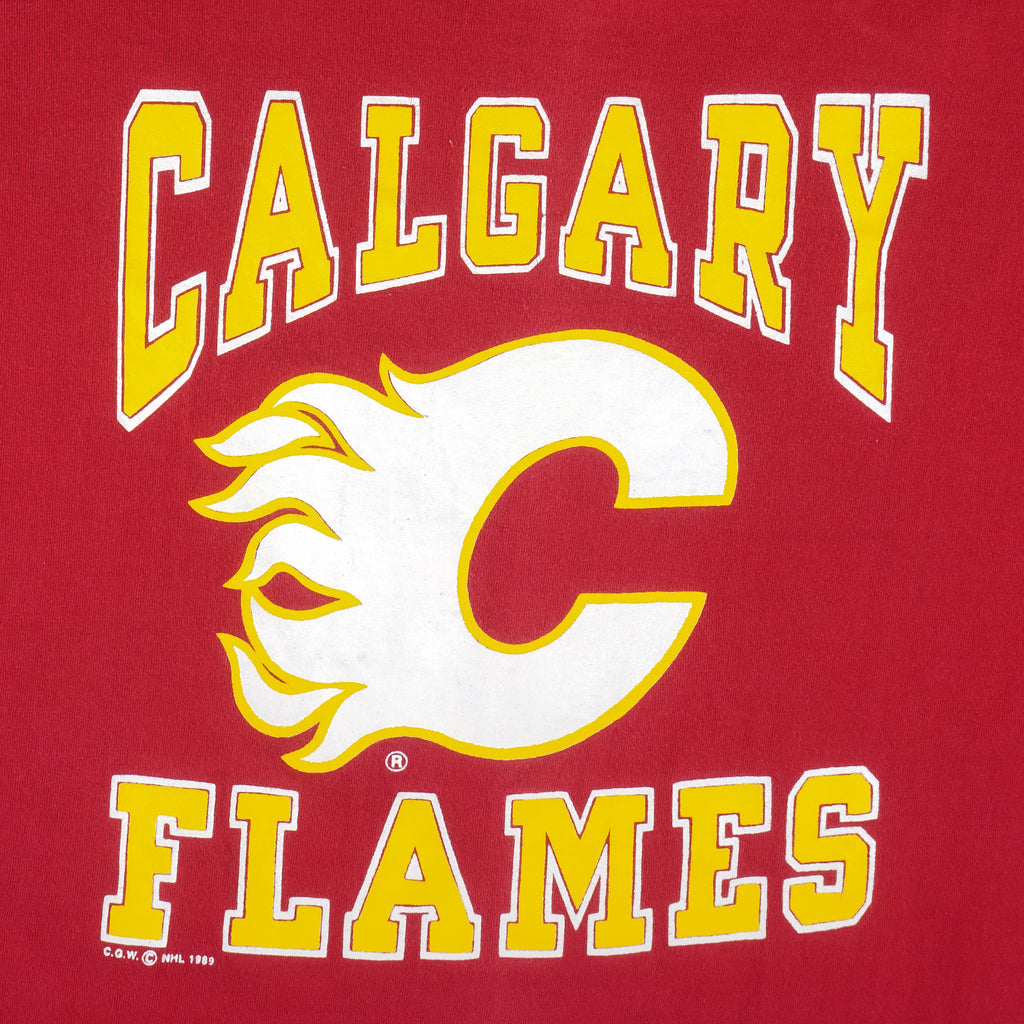 NHL (Waves) - Calgary Flames Single Stitch T-Shirt 1989 X-Large Vintage Retro Hockey