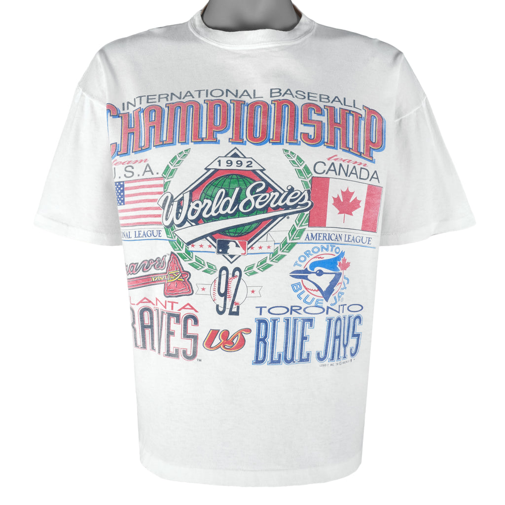 MLB (Logo 7) - Atlanta Braves VS Toronto Blue Jays World Series T-Shirt 1992 Medium Vintage Retro Baseball