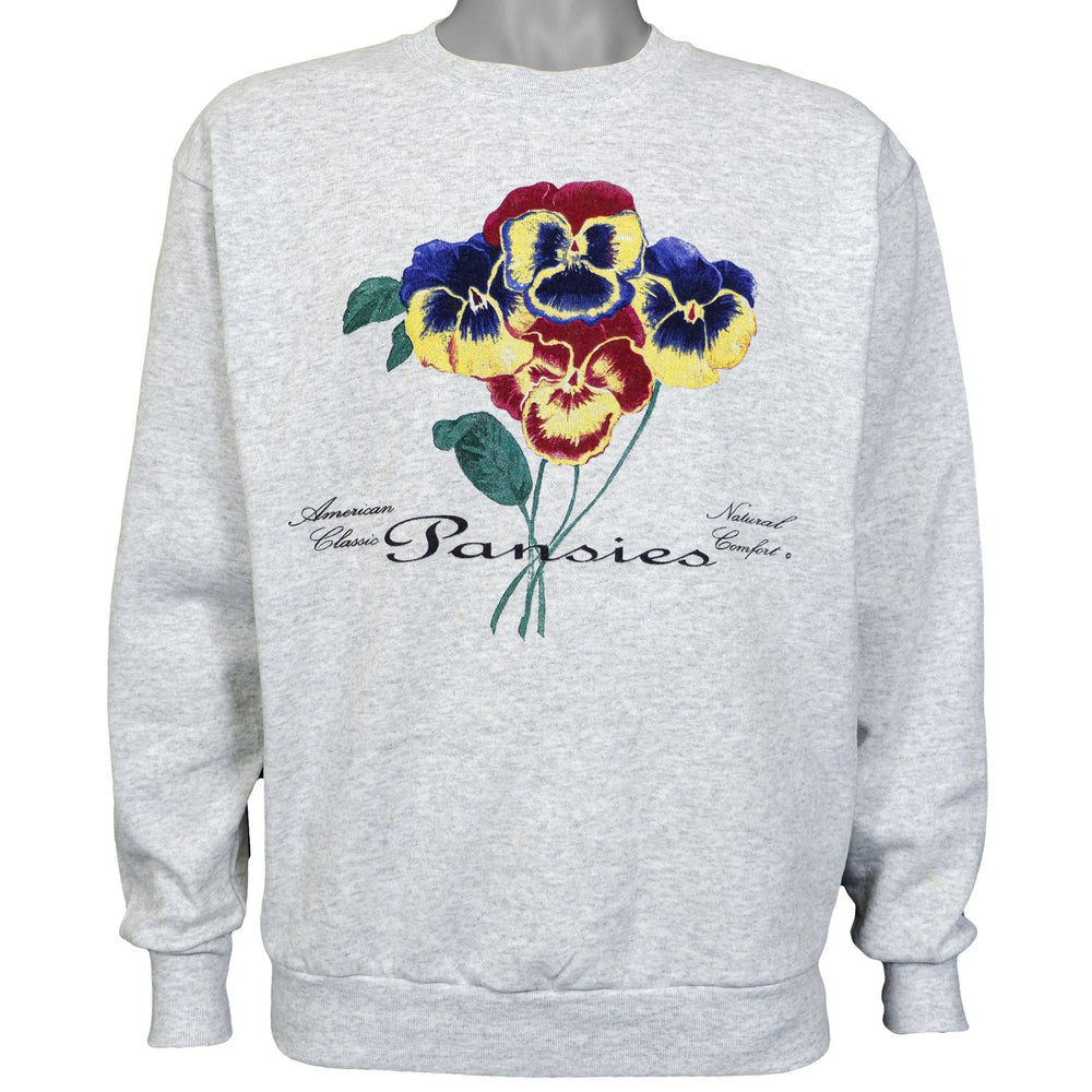 Vintage - Grey Pansies Sweatshirt 1990s Medium Vintage Retro