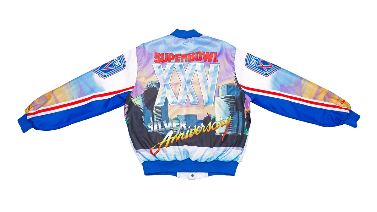 NFL (Chalk Line) -  Super Bowl Tampa Florida XXV Silver Anniversary Satin Jacket 1991 Large Vintage Retro Football