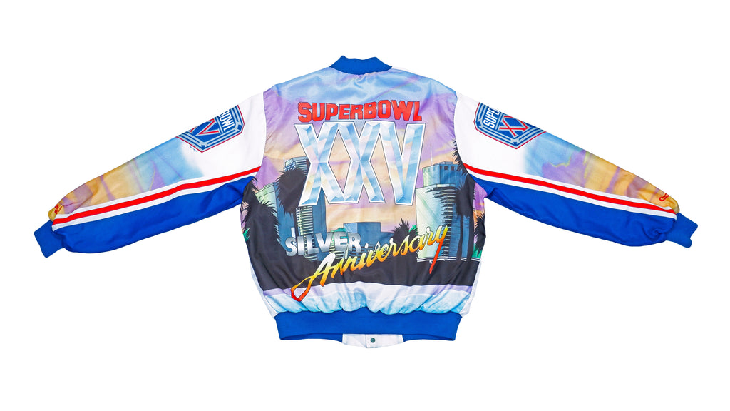 NFL (Chalk Line) -  Super Bowl Tampa Florida XXV Silver Anniversary Satin Jacket 1991 Large Vintage Retro Football