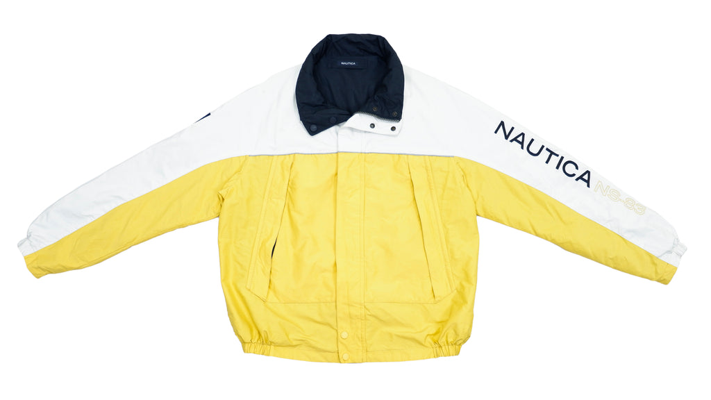 Vintage Retro Spellout Nautica - Yellow White and Blue Reversible Jacket 1990s X-Large