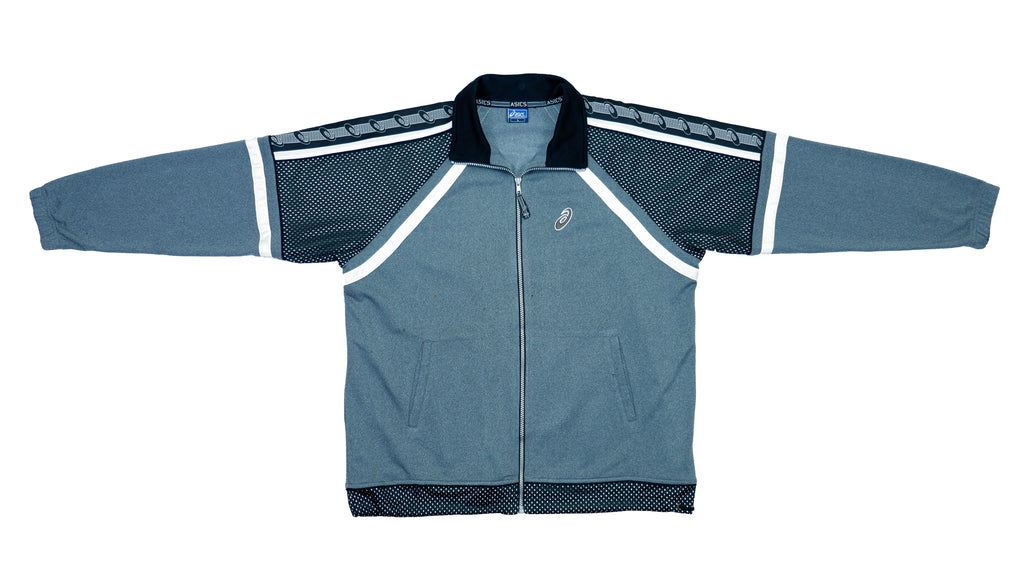Asics - Grey Taped Logo Mesh Track Jacket 1990s Large Vintage Retro