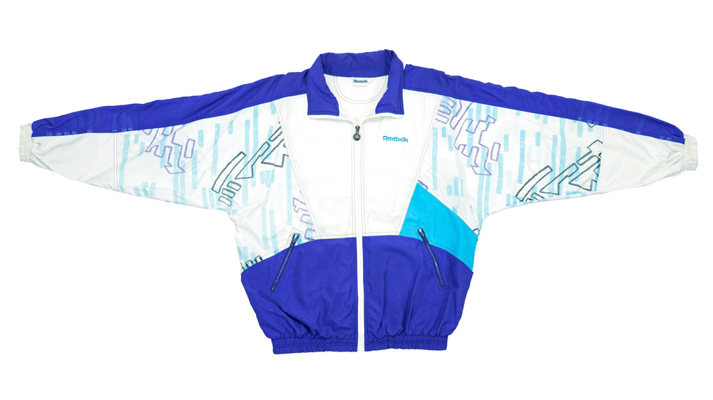 Reebok - Blue Two-Tone Patterned Windbreaker 1980s Large Vintage Retro