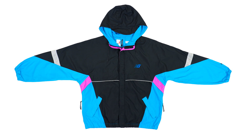 New Balance - Blue & Black Hooded  Windbreaker 1990s Large Vintage Retro