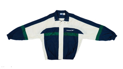 Reebok - Dark Blue & White with Green Stripe Track Jacket 1990s Large