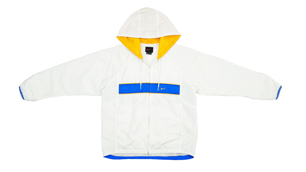 Vintage Retro Nike - White with Blue and Yellow Hooded Jacket 1990s Medium