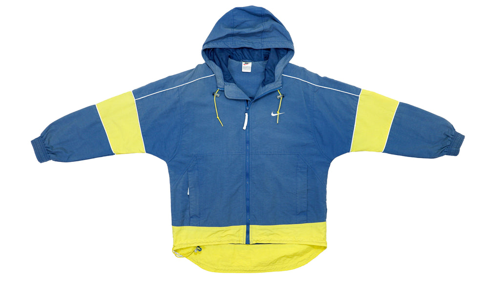 Nike - Blue and Yellow Spell-Out Hooded Jacket 1990s Medium Vintage Retro