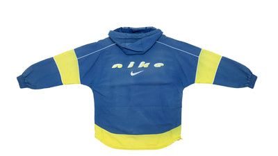 Nike - Blue and Yellow Spell-Out Hooded Jacket 1990s Medium