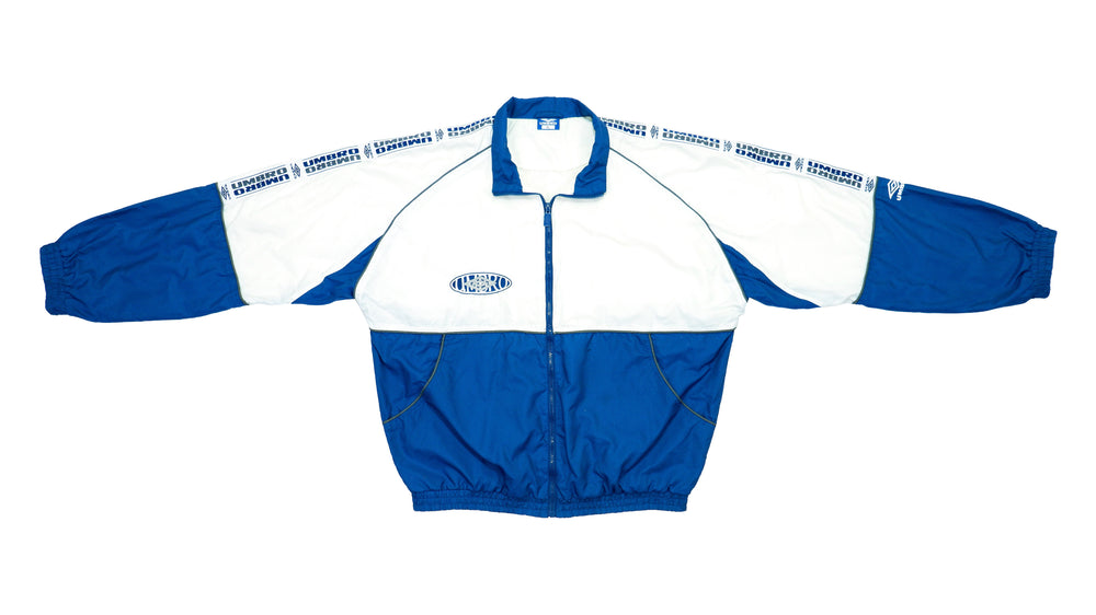 Umbro - Blue and White Taped Logo Windbreaker 1990s X-Large Vintage Retro