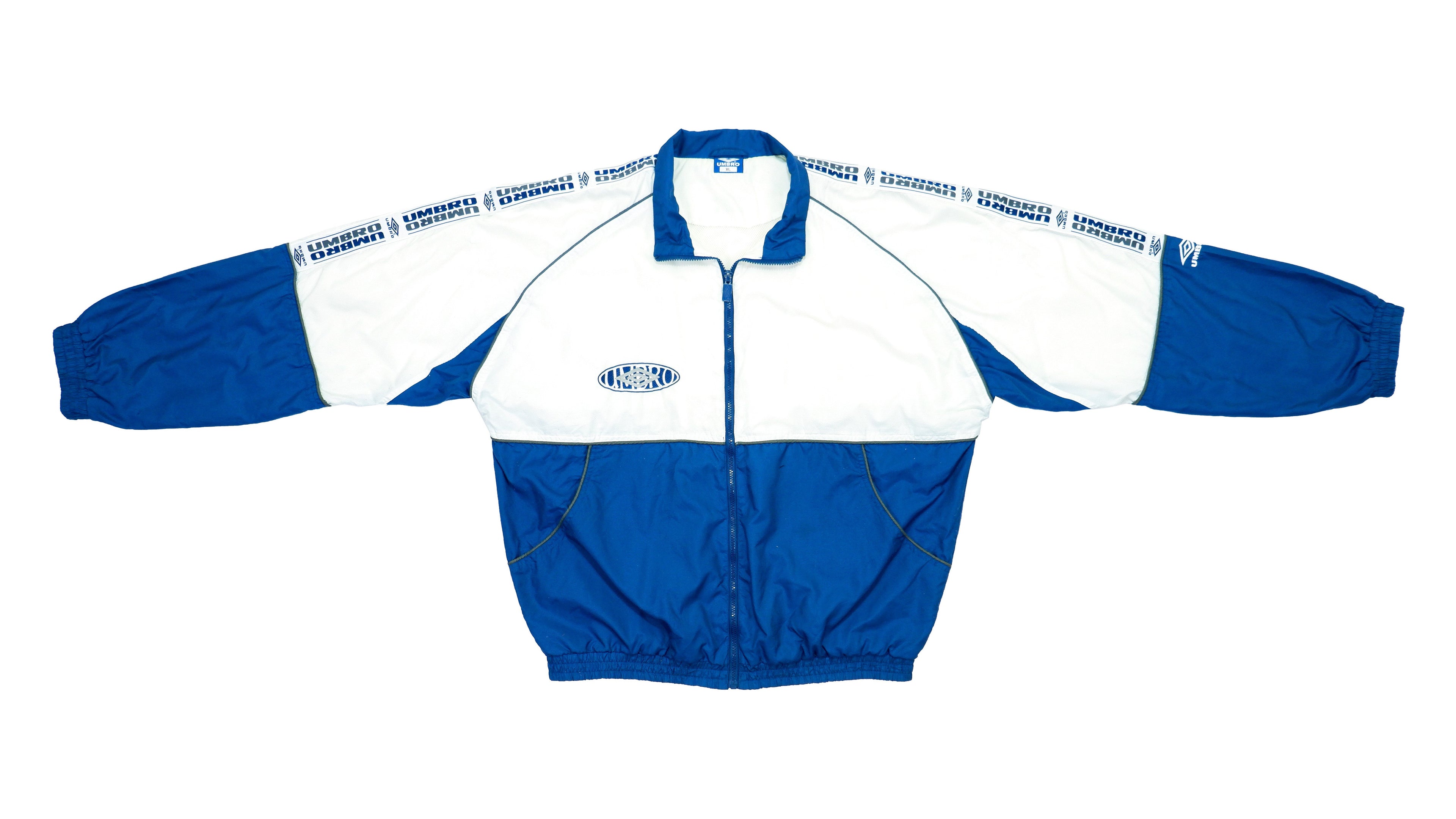 Umbro - Blue and White Taped Logo Windbreaker 1990s X-Large Vintage Retro