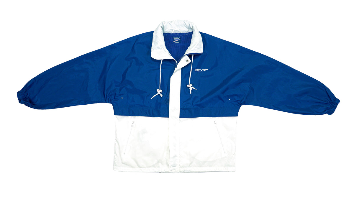 Speedo - Blue & White Packable Windbreaker 1990s X-Large Vintage Retro