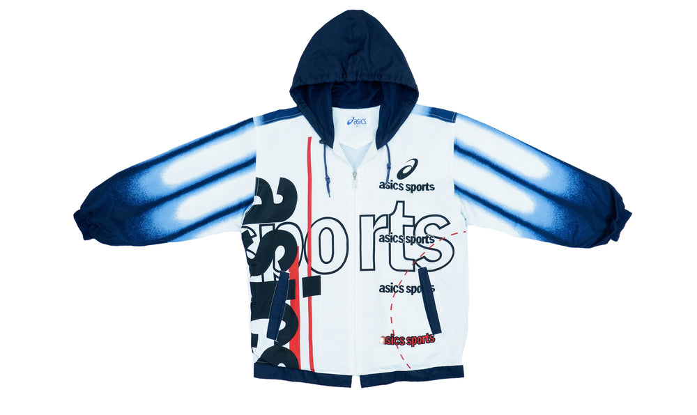 Asics - Blue & White Big Spell-Out Hooded Windbreaker 1990s Large Vintage Retro