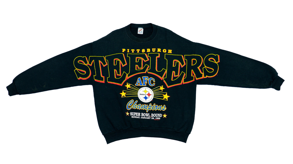 NFL (Jerzees) - Pittsburgh Steelers  Full Body Print Black Sweatshirt 1996 Large Vintage Retro NFL Football 