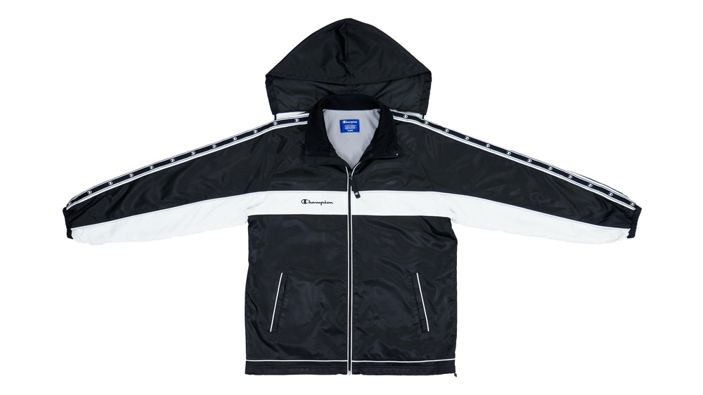 Champion - Black & White Hooded Windbreaker with Cinch Waist 1990s Large