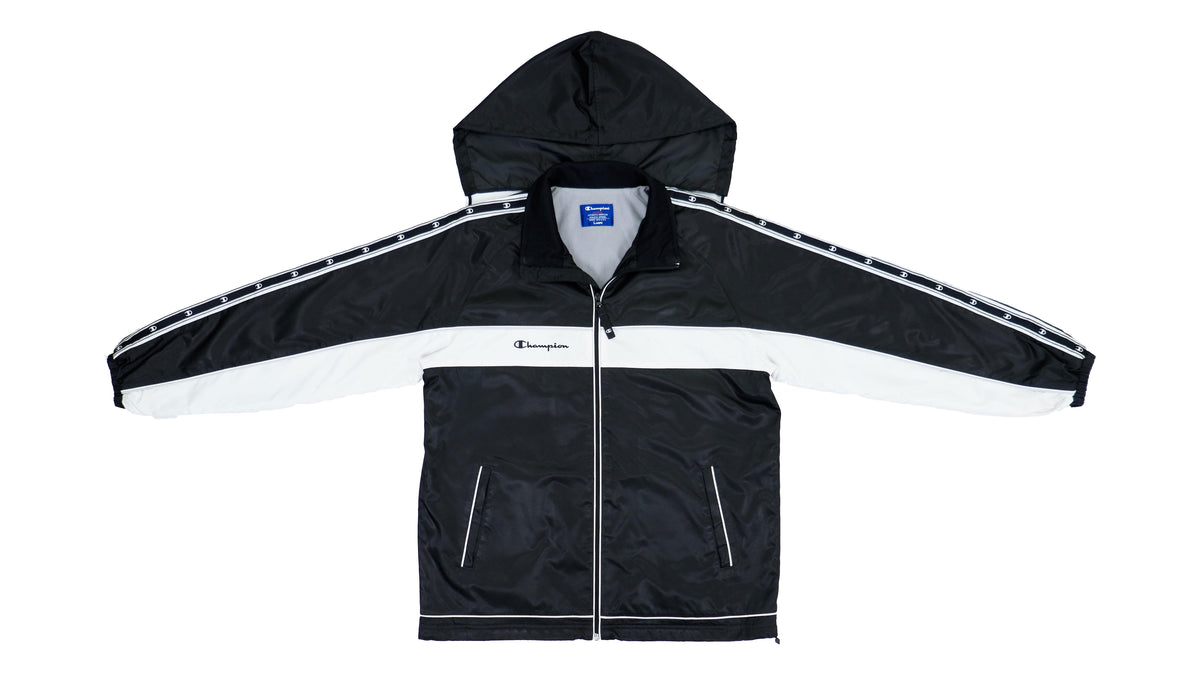 Champion - Black & White Hooded Windbreaker with Cinch Waist 1990s Large