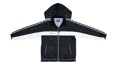 Champion - Black & White Hooded Windbreaker with Cinch Waist 1990s Large