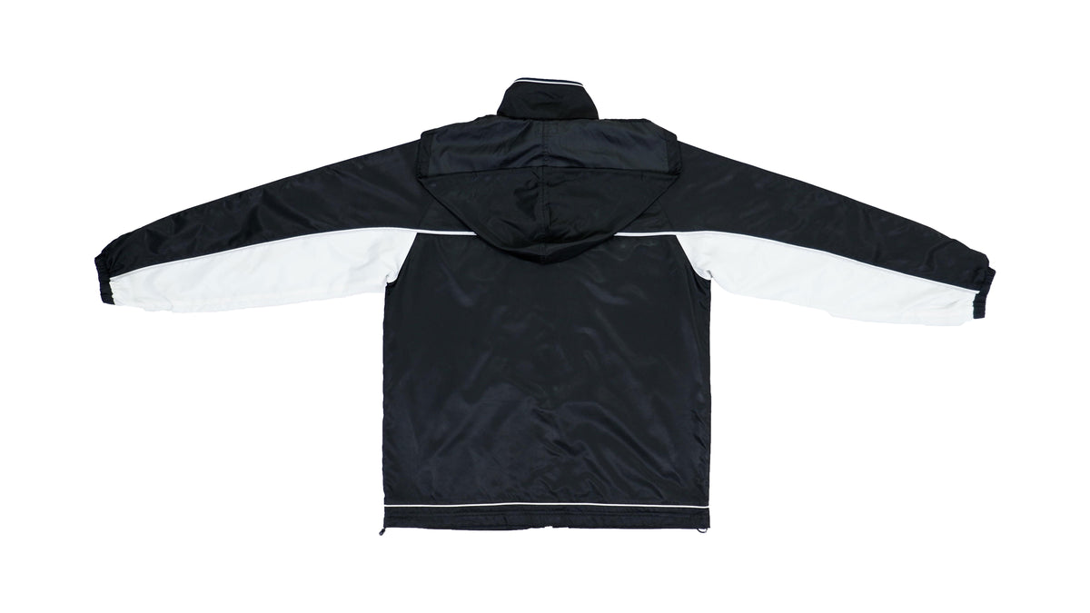 Champion - Black & White Hooded Windbreaker with Cinch Waist 1990s Large