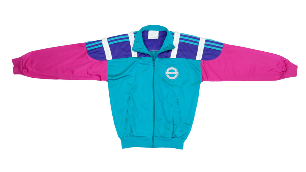 Adidas - Blue, Green & Pink Colorblock Track Jacket 1990s Small Vintage Retro