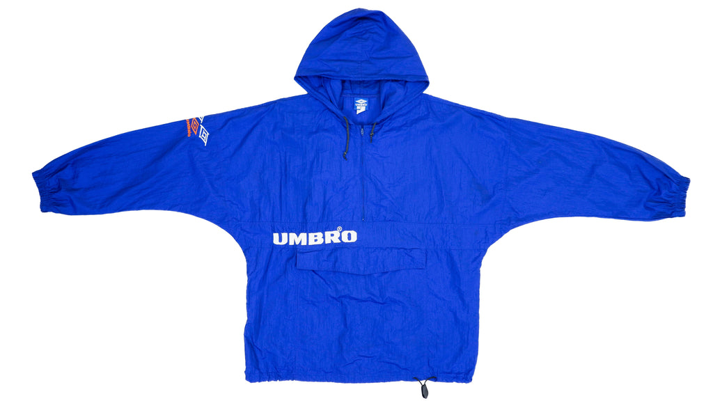 Umbro - Blue 1/4 Zip Spell-Out Hooded Windbreaker 1990s X-Large Vintage Retro