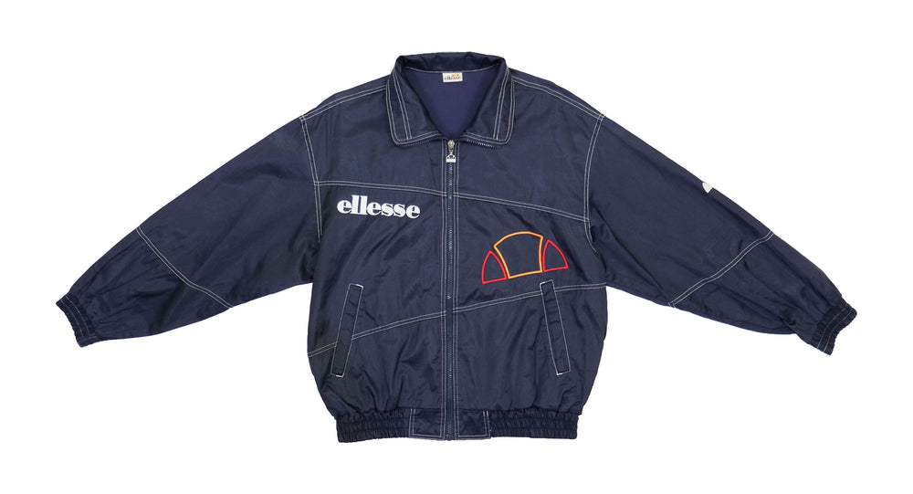 Ellesse - Black Zip Up Big Spell-Out & Logo Windbreaker 1990s Large Vintage Retro
