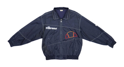 Ellesse - Black Zip Up Big Spell-Out & Logo Windbreaker 1990s Large