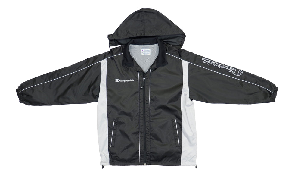 Champion - Black and White Hooded Windbreaker 1990s Medium