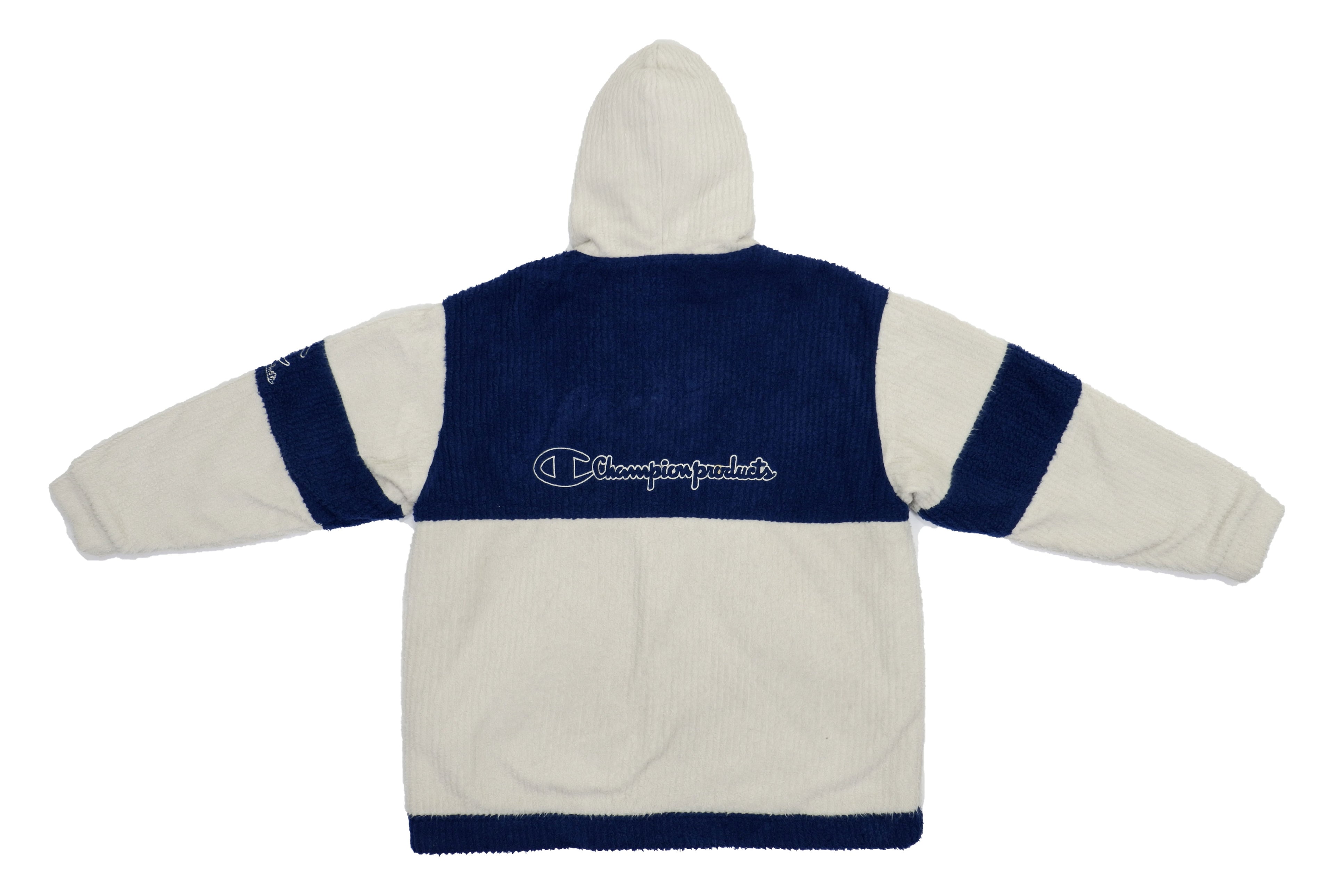 Champion - White and Blue Fleece Zip-Up Hoodie 1990s Medium