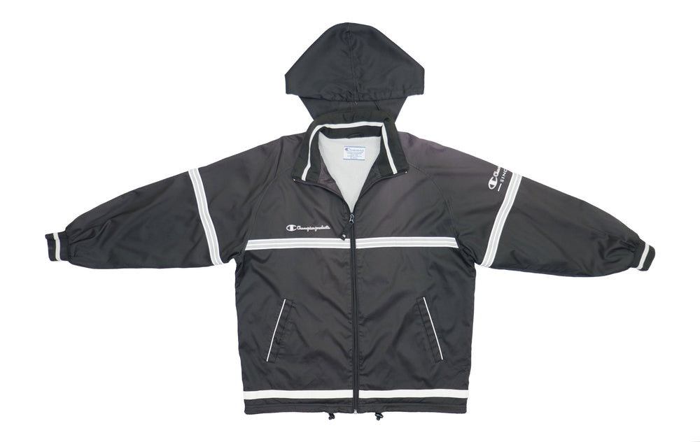 Champion - Black and White Hooded Track Jacket with Cinch Waist 1990s Large