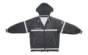 Champion - Black and White Hooded Track Jacket with Cinch Waist 1990s Large