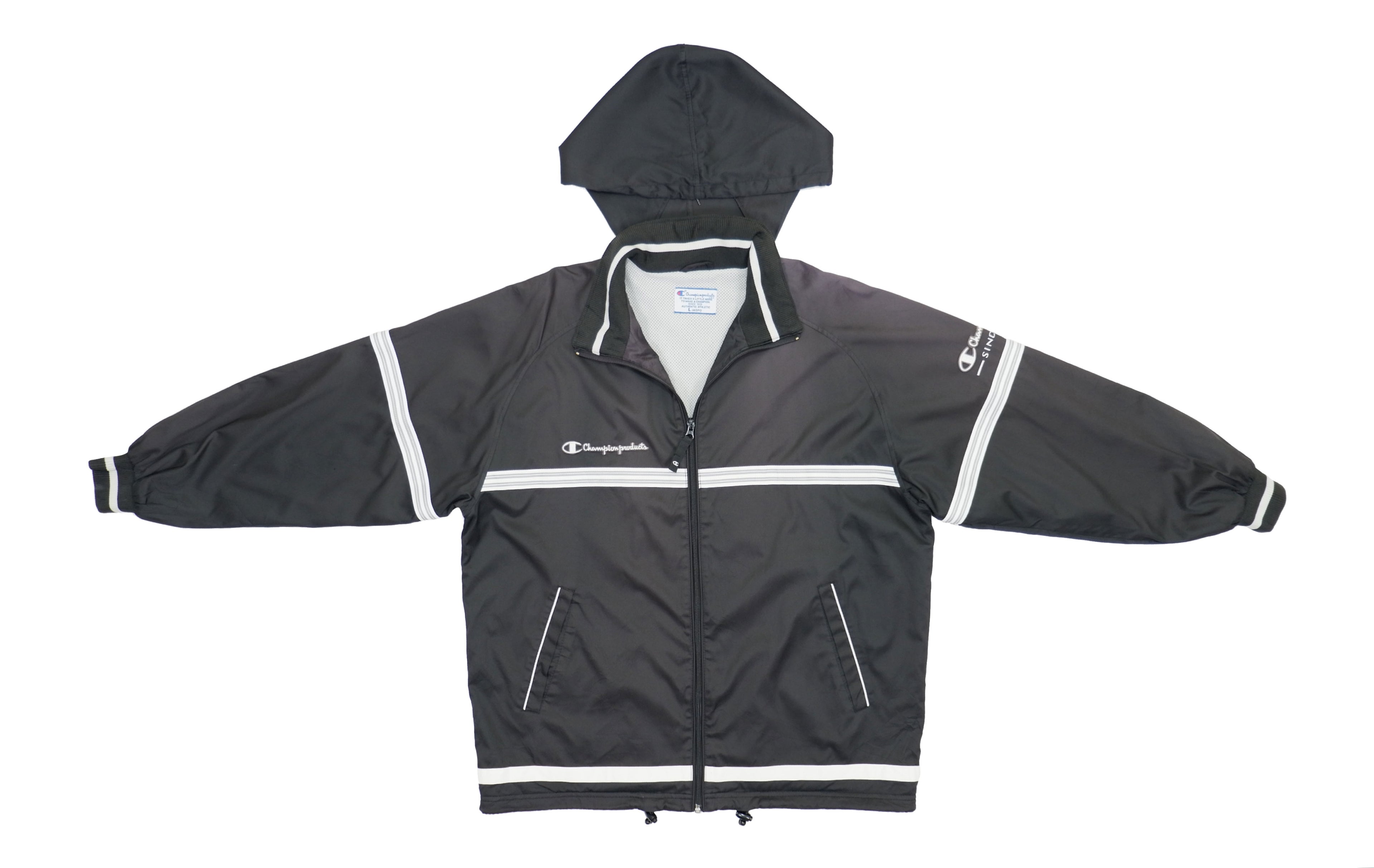 Champion - Black and White Hooded Track Jacket with Cinch Waist 1990s Large