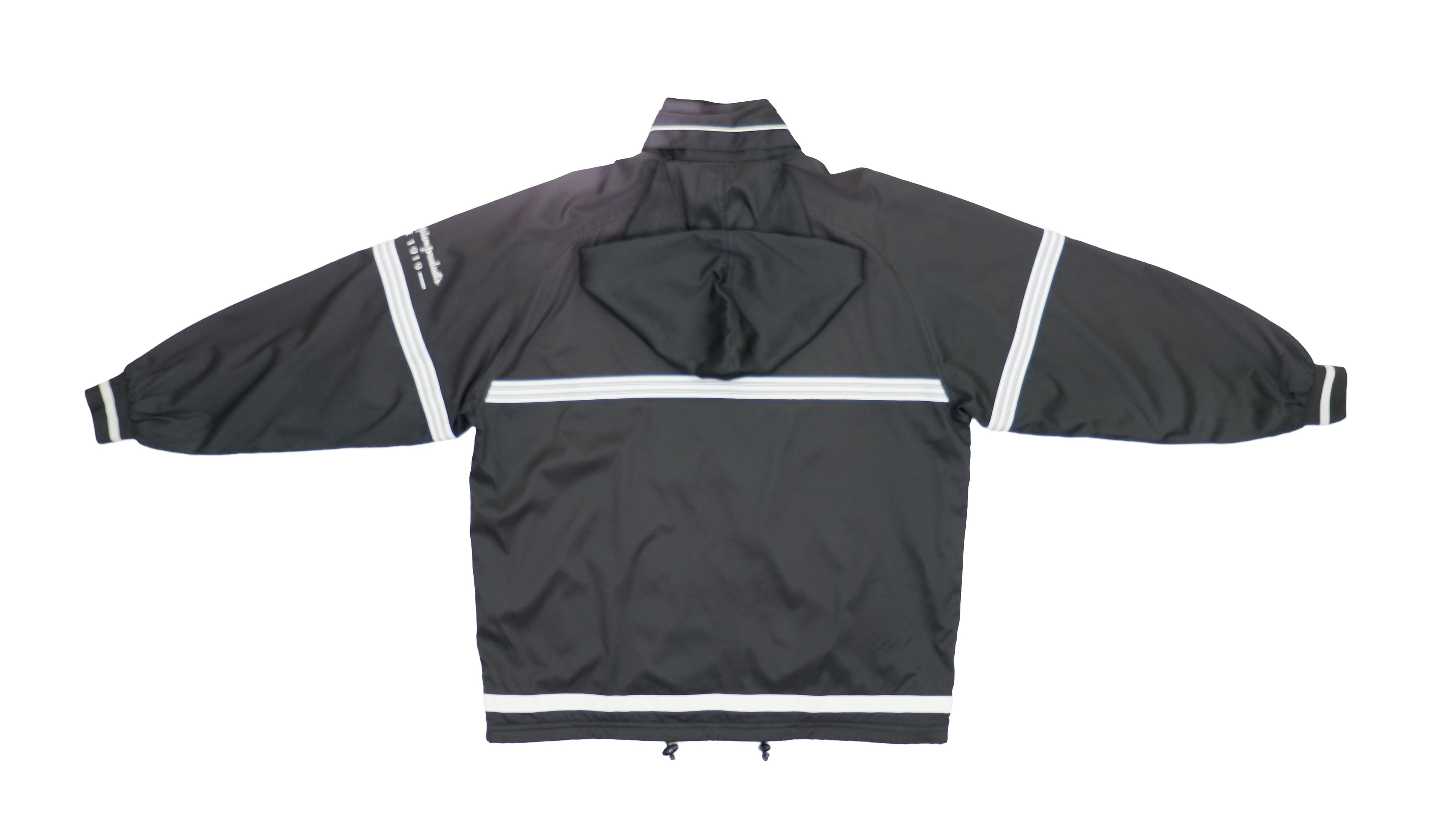 Champion - Black and White Hooded Track Jacket with Cinch Waist 1990s Large
