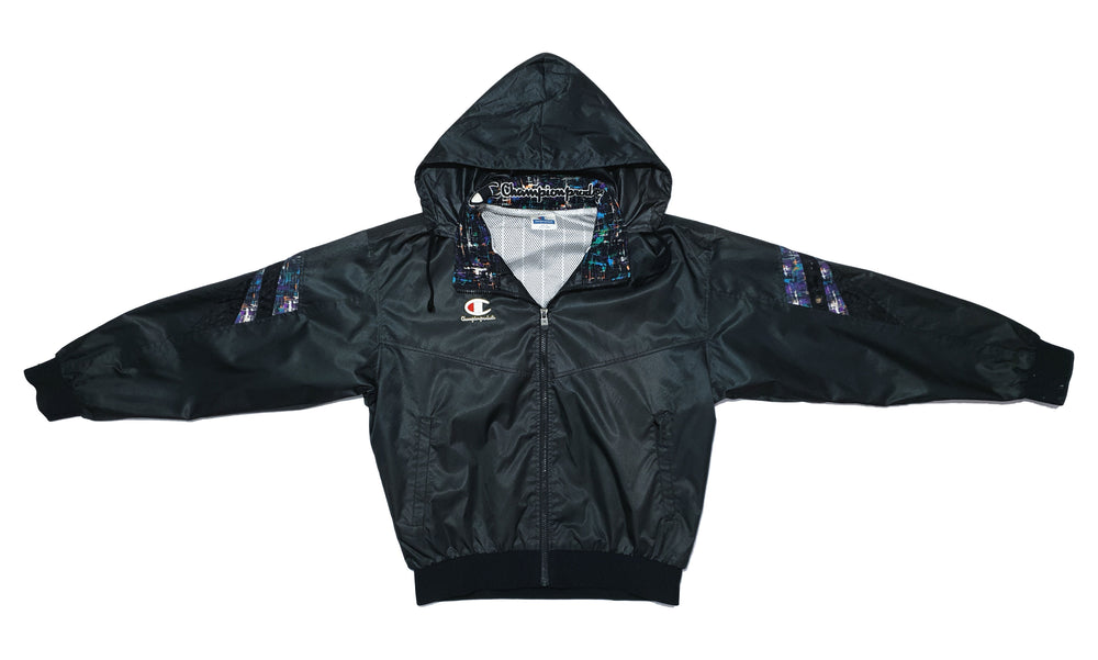 Champion - Black Hooded Bomber Jacket 1990s Large