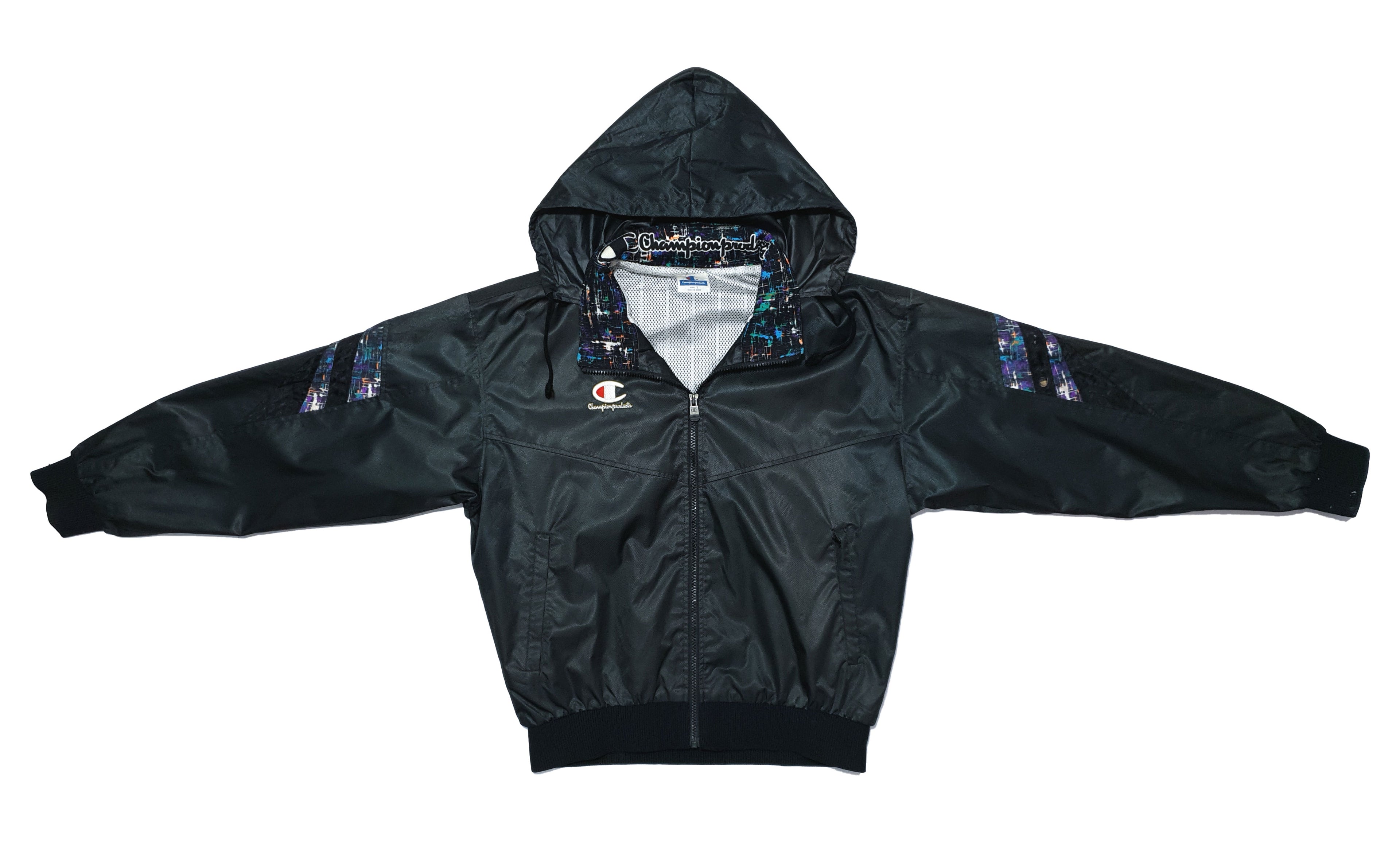 Champion - Black Hooded Bomber Jacket 1990s Large